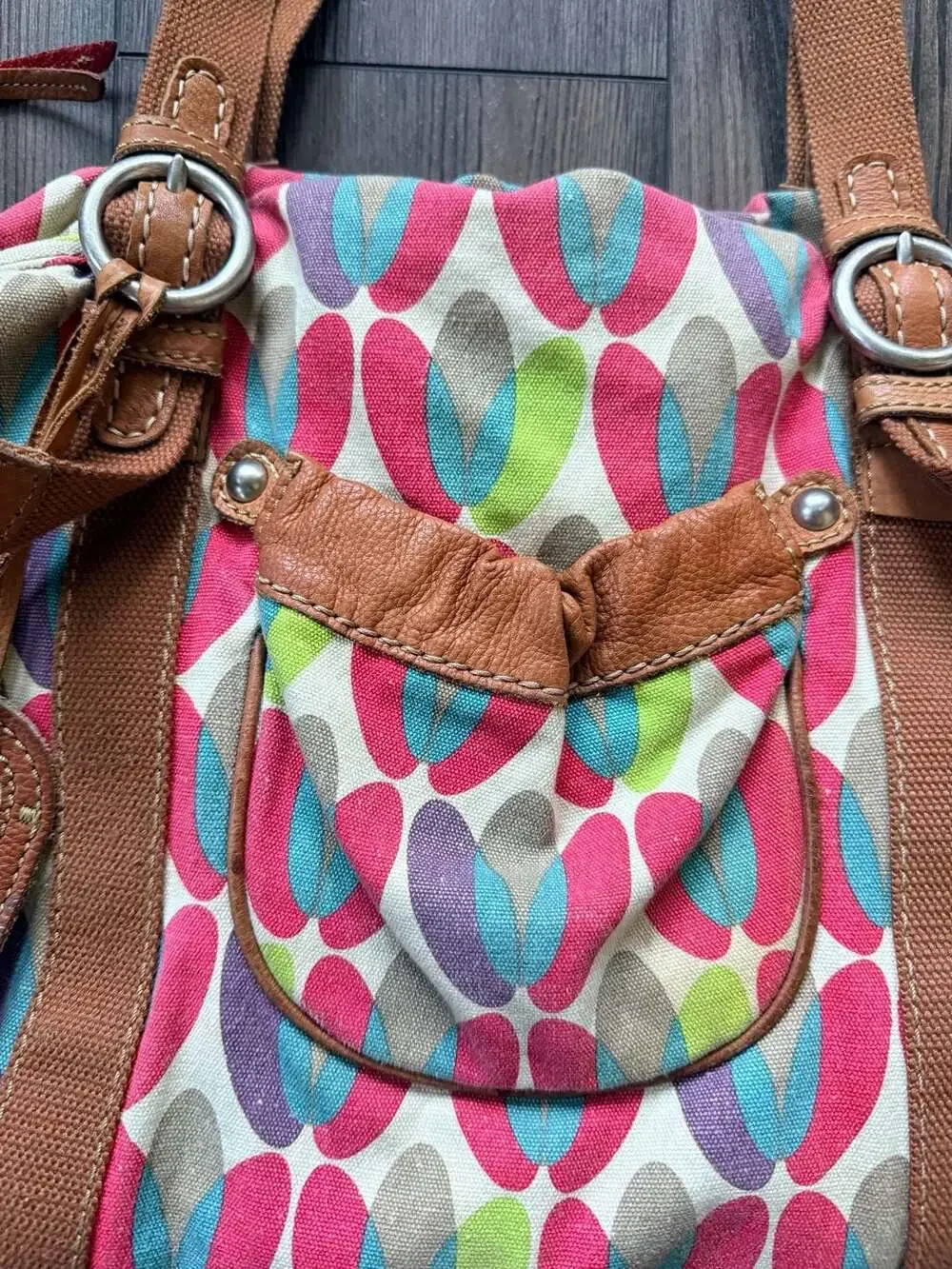 Vintage Y2K Fossil Key-Per Canvas and Leather Multi-Color Patterned Weekender Ba - Picture 3 of 6